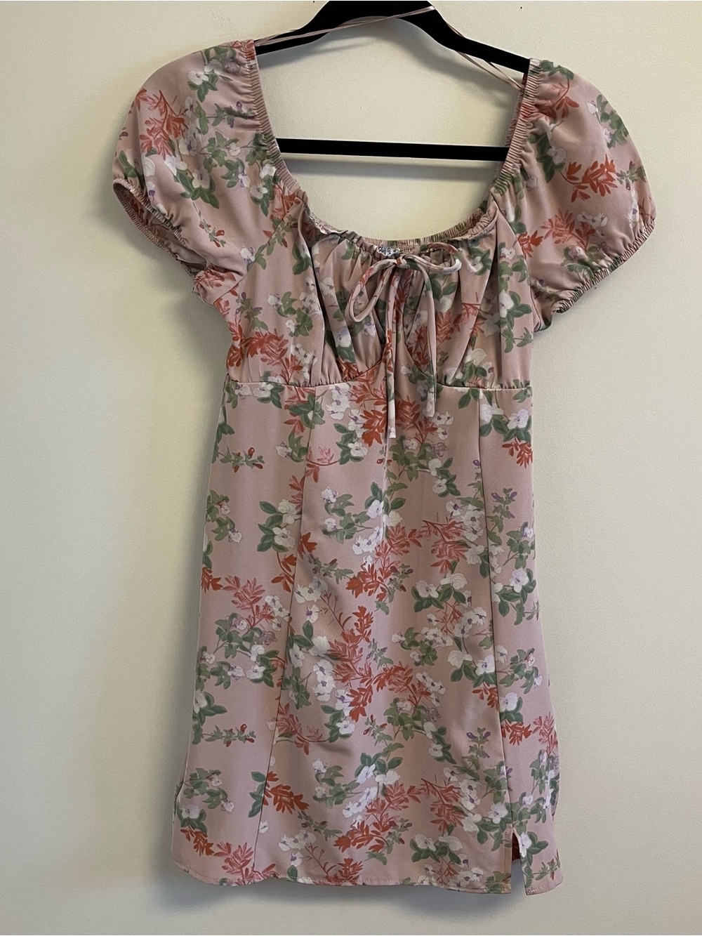 Womens Mini Dress Small Floral Pink Green Coral Puff Sleeves Boho Fairy Feminine